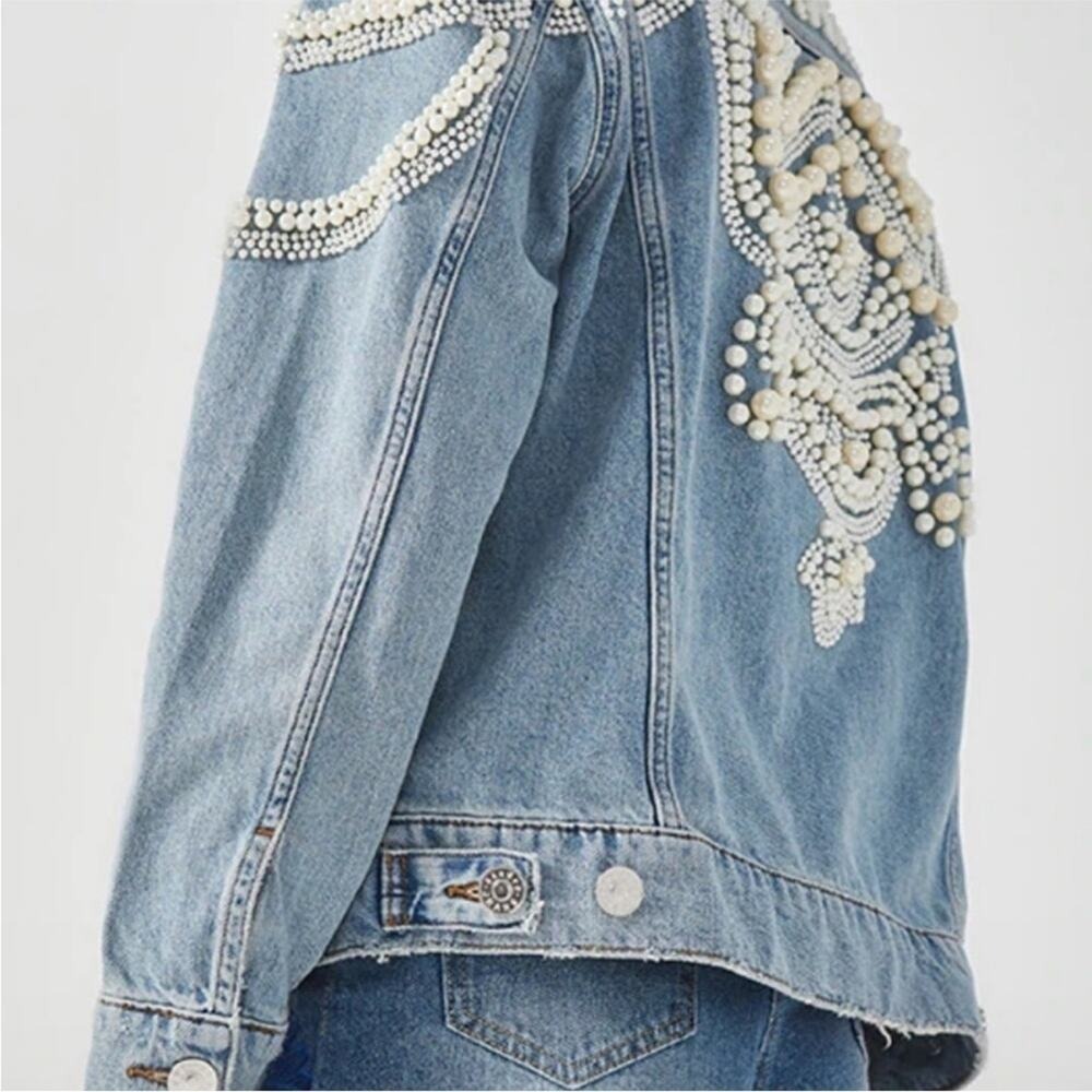 Sandro Pearl Embellished Oversized Distressed Denim Jean Jacket Size small - Picture 9 of 16